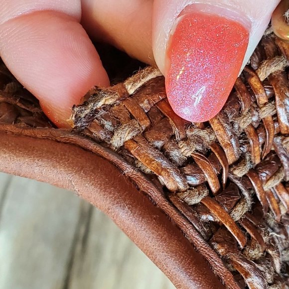 Fossil‎ Brown Straw Rattan Woven Bohemian Shoulder Bag Wooden Handles 11 X 8 - Picture 11 of 12
